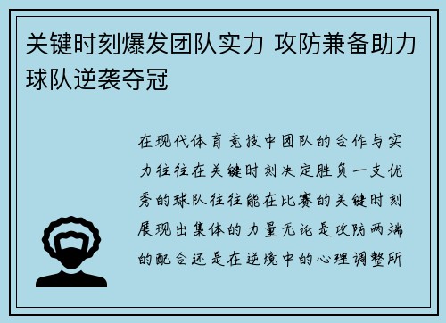 关键时刻爆发团队实力 攻防兼备助力球队逆袭夺冠