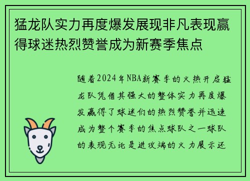 猛龙队实力再度爆发展现非凡表现赢得球迷热烈赞誉成为新赛季焦点