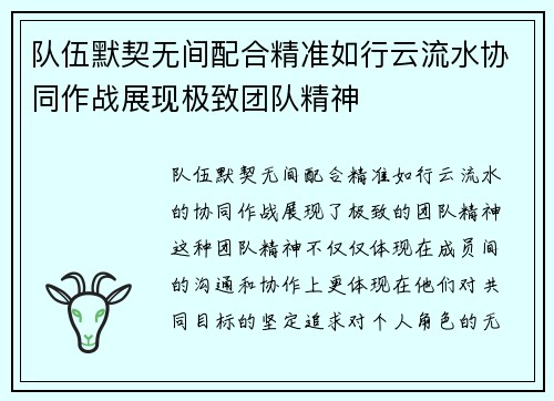队伍默契无间配合精准如行云流水协同作战展现极致团队精神