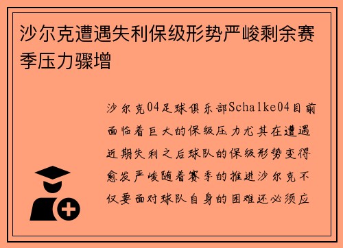 沙尔克遭遇失利保级形势严峻剩余赛季压力骤增