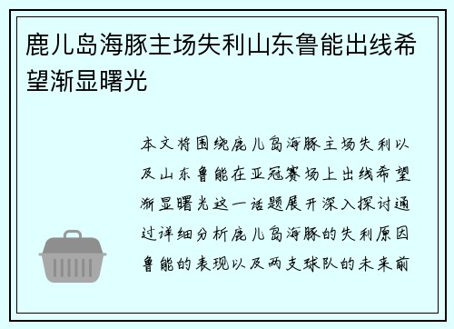 鹿儿岛海豚主场失利山东鲁能出线希望渐显曙光