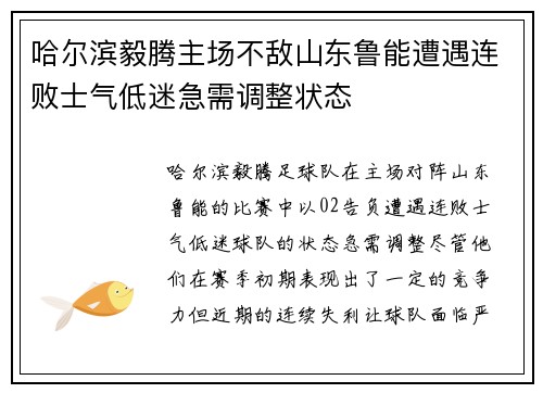 哈尔滨毅腾主场不敌山东鲁能遭遇连败士气低迷急需调整状态