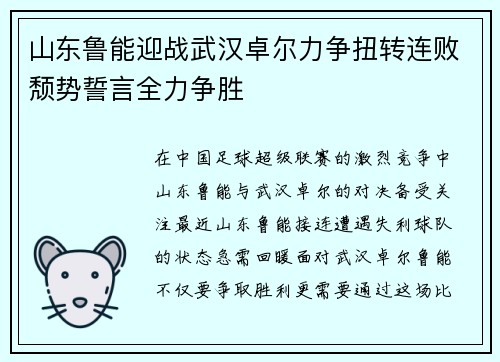 山东鲁能迎战武汉卓尔力争扭转连败颓势誓言全力争胜
