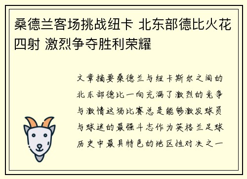 桑德兰客场挑战纽卡 北东部德比火花四射 激烈争夺胜利荣耀