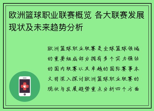 欧洲篮球职业联赛概览 各大联赛发展现状及未来趋势分析