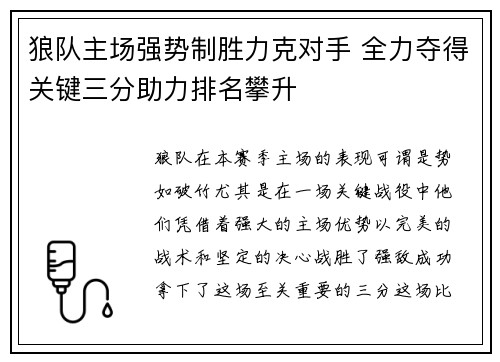狼队主场强势制胜力克对手 全力夺得关键三分助力排名攀升