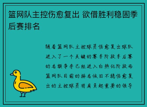 篮网队主控伤愈复出 欲借胜利稳固季后赛排名