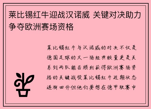 莱比锡红牛迎战汉诺威 关键对决助力争夺欧洲赛场资格